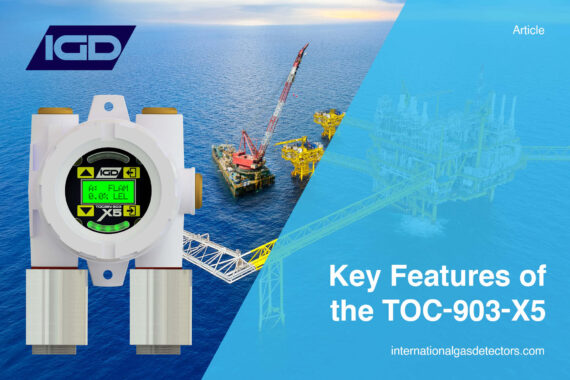 The TOC-903-X5 ATEX Gas Detector with an offshore site in the background.